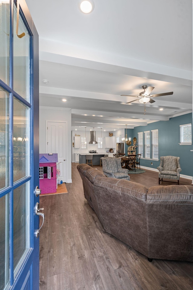 1308 Belgove Aly, Antioch, TN 37013 - living area featuring dark wood finished floors, a ceiling fan, and beam ceiling