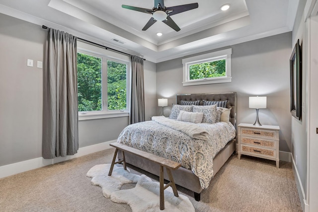 2670 Morgan Rd, Joelton, TN 37080 - bedroom featuring light carpet, a tray ceiling, crown molding, baseboards, and recessed lighting