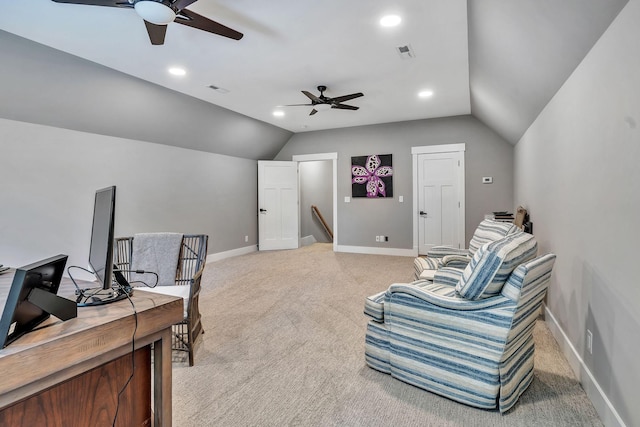 2670 Morgan Rd, Joelton, TN 37080 - living area with a ceiling fan, an upstairs landing, light colored carpet, vaulted ceiling, and a desk