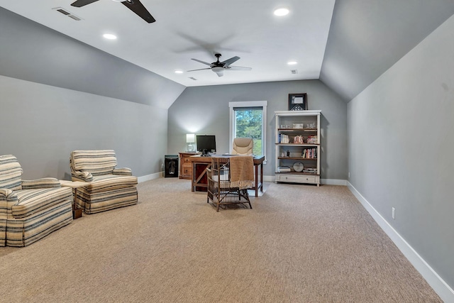 2670 Morgan Rd, Joelton, TN 37080 - office with a ceiling fan, lofted ceiling, light colored carpet, baseboards, and recessed lighting