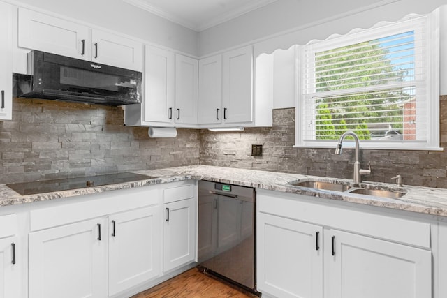 916 Lion Pkwy, Columbia, TN 38401 - kitchen with black appliances, a sink, crown molding, white cabinets, and light stone countertops