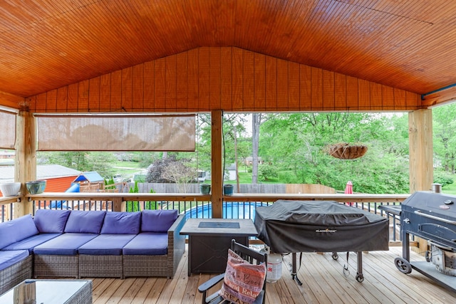 916 Lion Pkwy, Columbia, TN 38401 - wooden terrace featuring an outdoor living space with a fire pit, a fenced backyard, and grilling area