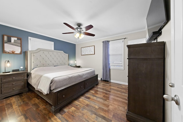 916 Lion Pkwy, Columbia, TN 38401 - bedroom with dark wood-style flooring, crown molding, baseboards, a ceiling fan, and multiple windows