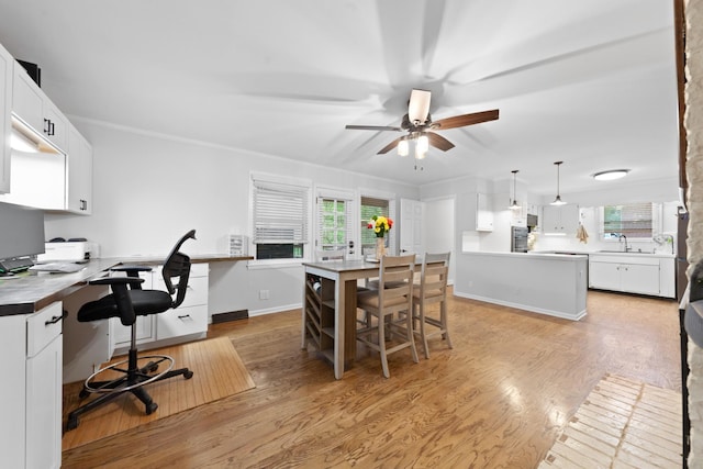 916 Lion Pkwy, Columbia, TN 38401 - dining space featuring ceiling fan, an office area, light wood-type flooring, crown molding, and baseboards