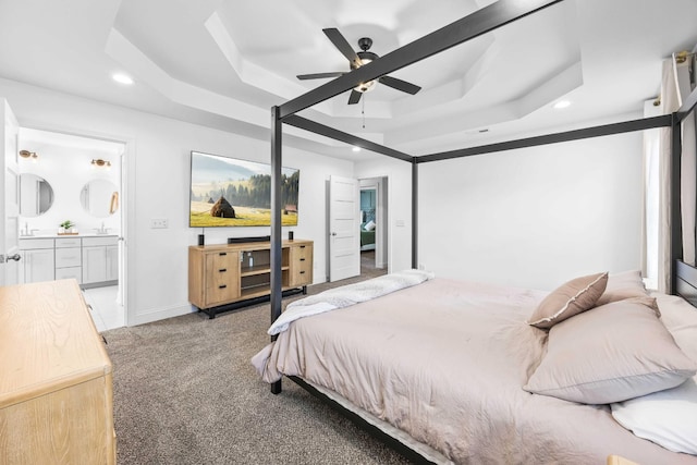800 Snapdragon Ct, Clarksville, TN 37042 - bedroom featuring recessed lighting, a tray ceiling, ensuite bathroom, carpet flooring, and a ceiling fan