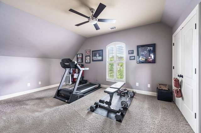3009 Burnley Ct, Spring Hill, TN 37174 - exercise area featuring vaulted ceiling, a ceiling fan, baseboards, and carpet