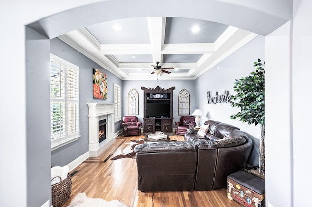 3009 Burnley Ct, Spring Hill, TN 37174 - living area featuring beamed ceiling, coffered ceiling, wood finished floors, a warm lit fireplace, and crown molding