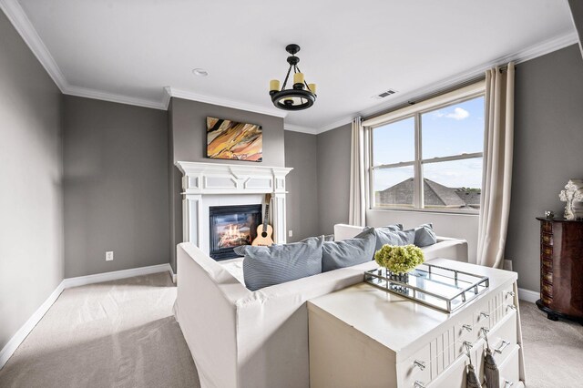 3009 Burnley Ct, Spring Hill, TN 37174 - living area featuring light carpet, baseboards, a glass covered fireplace, and ornamental molding