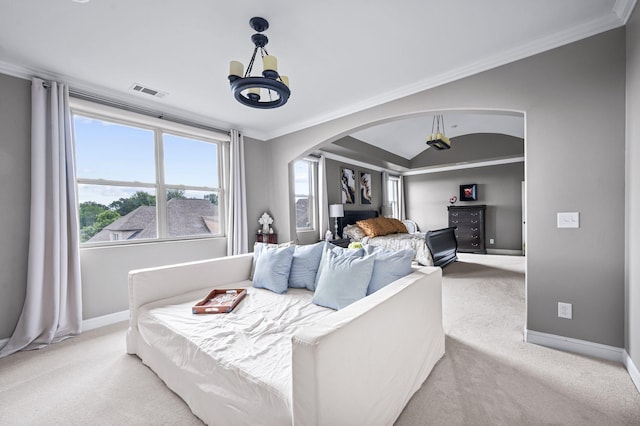 3009 Burnley Ct, Spring Hill, TN 37174 - bedroom featuring arched walkways, baseboards, carpet, ornamental molding, and a chandelier