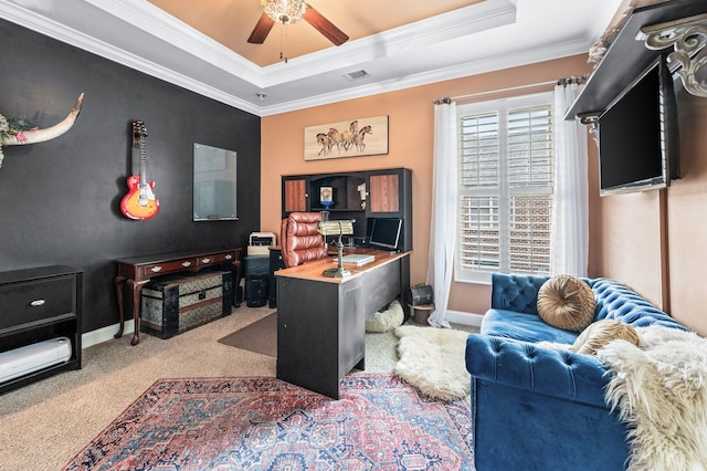 3009 Burnley Ct, Spring Hill, TN 37174 - carpeted office space with crown molding, ceiling fan, a raised ceiling, and baseboards