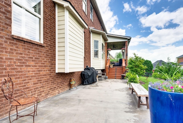 3009 Burnley Ct, Spring Hill, TN 37174 - view of patio featuring ceiling fan, a grill, and stairway