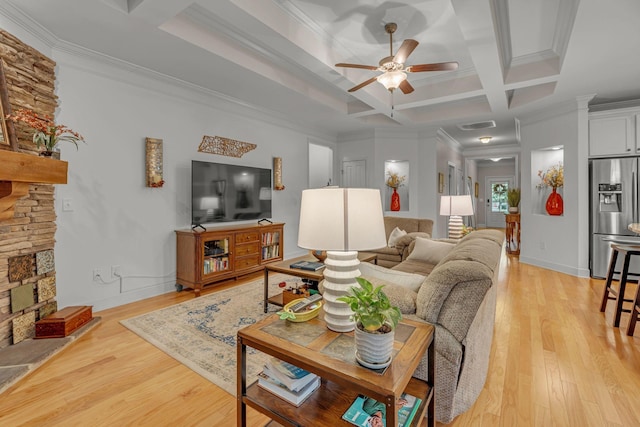 1144 Frewin St, Nolensville, TN 37135 - living room featuring ceiling fan, crown molding, coffered ceiling, light wood finished floors, and beam ceiling