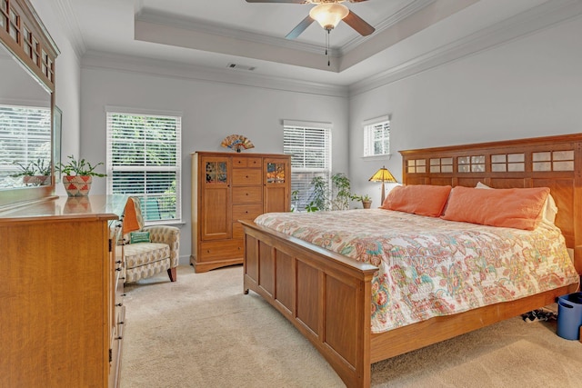 1144 Frewin St, Nolensville, TN 37135 - bedroom with light carpet, multiple windows, a tray ceiling, ornamental molding, and ceiling fan