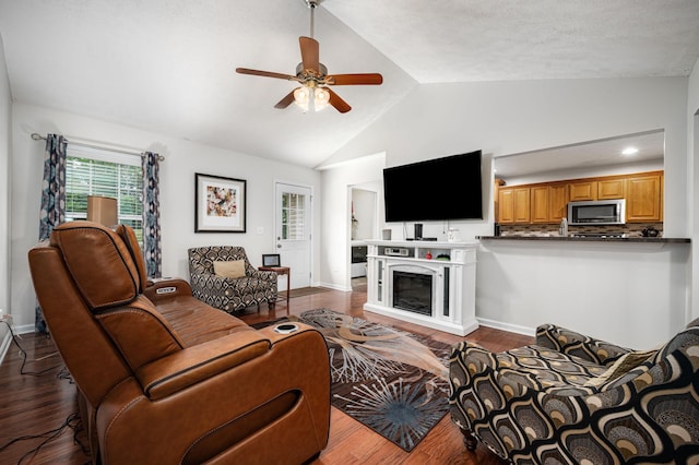 2480 Mount Lebanon Rd, Lewisburg, TN 37091 - living area featuring a ceiling fan, wood finished floors, baseboards, and high vaulted ceiling