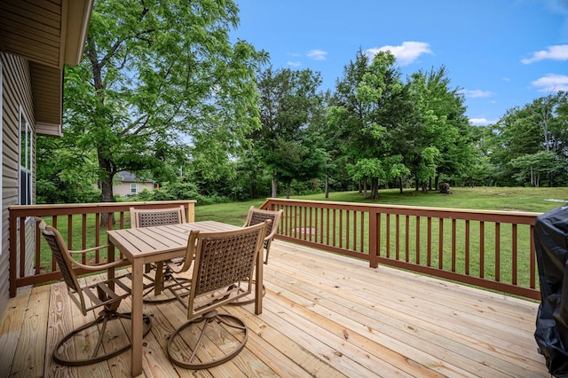 2480 Mount Lebanon Rd, Lewisburg, TN 37091 - wooden terrace with outdoor dining area, view of wooded area, and a lawn