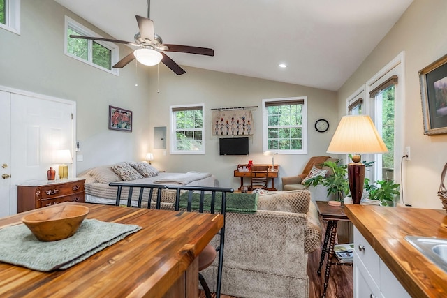 192 Askin Ln, Baxter, TN 38544 - living area featuring a ceiling fan, vaulted ceiling, electric panel, recessed lighting, and dark wood-style flooring
