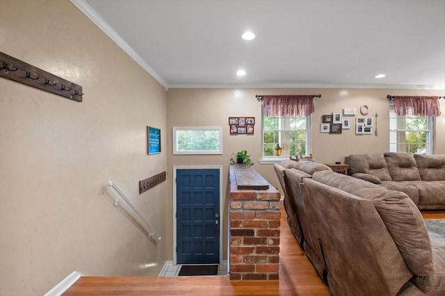 1310 Tabitha Dr, Hixson, TN 37343 - living area with crown molding, recessed lighting, baseboards, and wood finished floors