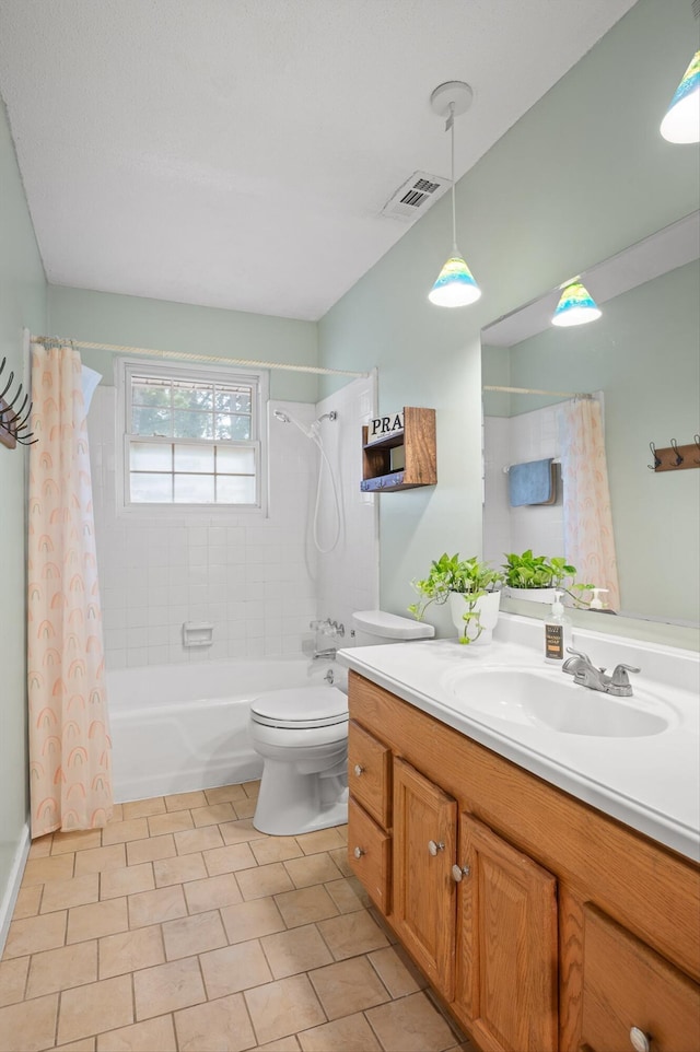 1310 Tabitha Dr, Hixson, TN 37343 - bathroom with vanity, shower / tub combo with curtain, toilet, and tile patterned flooring