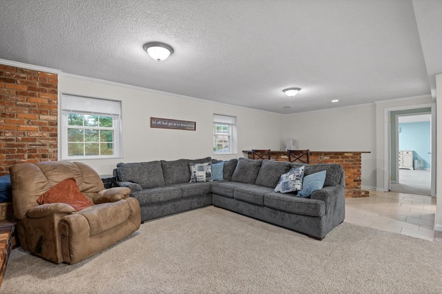 1310 Tabitha Dr, Hixson, TN 37343 - living room featuring light colored carpet, crown molding, light tile patterned flooring, and a textured ceiling