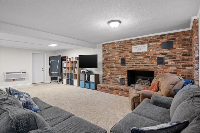 1310 Tabitha Dr, Hixson, TN 37343 - carpeted living room featuring a wall mounted AC, a brick fireplace, a textured ceiling, ornamental molding, and baseboards