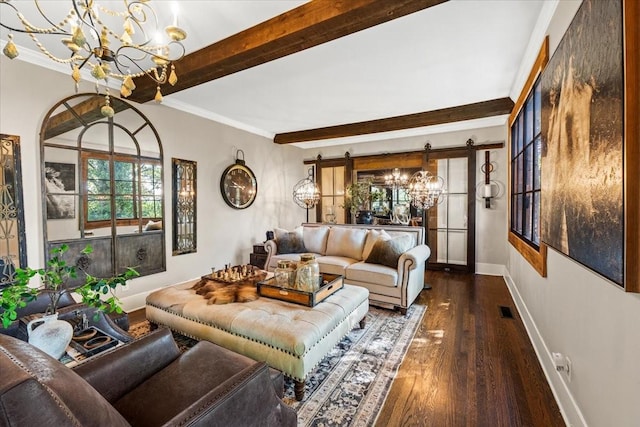 5400 Hillsboro Pike, Nashville, TN 37215 - living room with a chandelier, dark wood-style floors, baseboards, beam ceiling, and crown molding