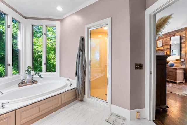 5400 Hillsboro Pike, Nashville, TN 37215 - full bath featuring a bath, a shower stall, ornamental molding, and vanity