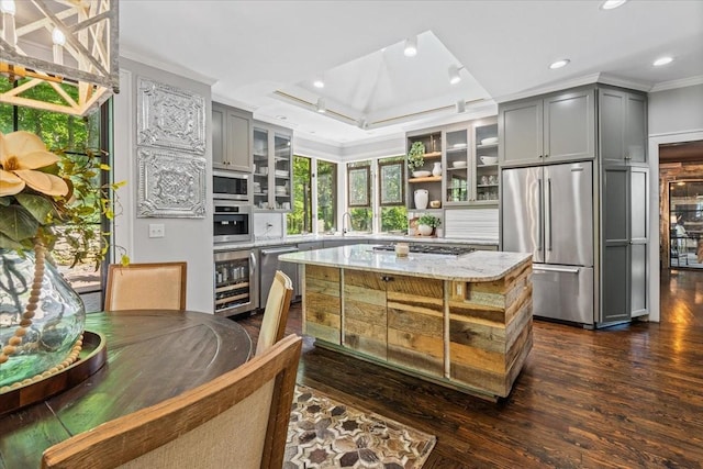 5400 Hillsboro Pike, Nashville, TN 37215 - kitchen with stainless steel appliances, gray cabinetry, ornamental molding, wine cooler, and dark wood finished floors