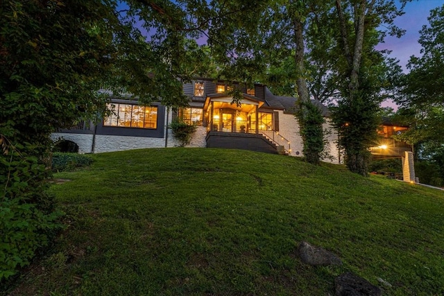 5400 Hillsboro Pike, Nashville, TN 37215 - rear view of house with stone siding, a yard, a chimney, and stairway