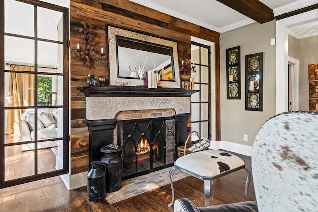 5400 Hillsboro Pike, Nashville, TN 37215 - living room with baseboards, wood-type flooring, a lit fireplace, crown molding, and beam ceiling