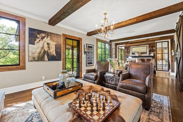 5400 Hillsboro Pike, Nashville, TN 37215 - living room with a chandelier, beam ceiling, wood finished floors, and baseboards