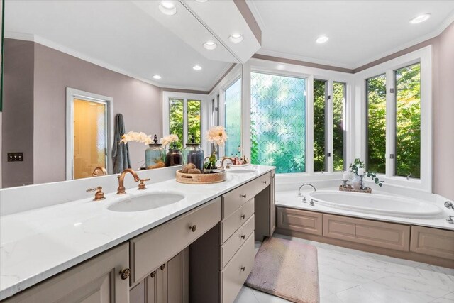 5400 Hillsboro Pike, Nashville, TN 37215 - full bathroom featuring double vanity, ornamental molding, a bath, plenty of natural light, and recessed lighting