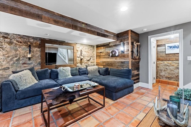 5400 Hillsboro Pike, Nashville, TN 37215 - living area with wooden walls, recessed lighting, light tile patterned floors, and beam ceiling