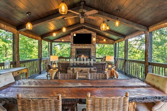 5400 Hillsboro Pike, Nashville, TN 37215 - wooden terrace featuring an outdoor stone fireplace and ceiling fan
