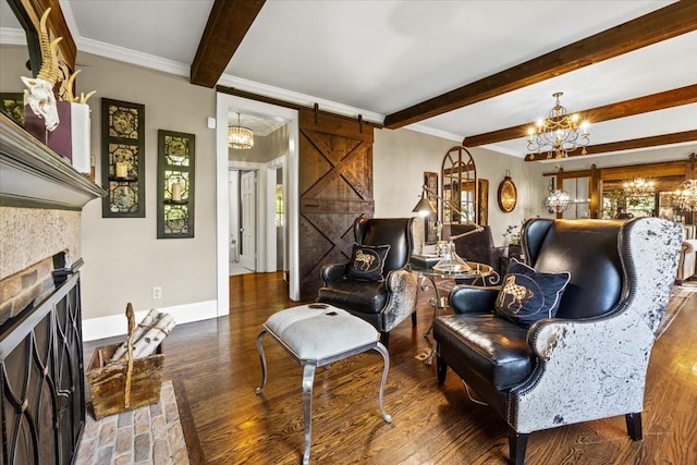 5400 Hillsboro Pike, Nashville, TN 37215 - living area featuring a chandelier, beam ceiling, wood finished floors, a fireplace, and a barn door