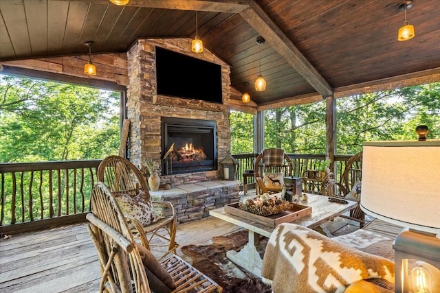 5400 Hillsboro Pike, Nashville, TN 37215 - view of patio featuring an outdoor stone fireplace and a wooden deck