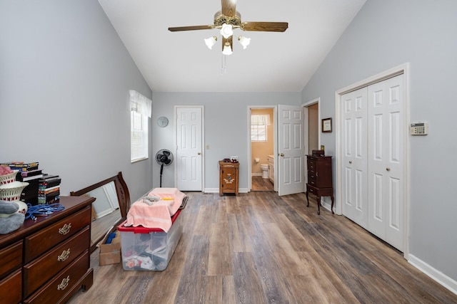 1113 Jacksons Valley Rd, Hermitage, TN 37076 - bedroom featuring vaulted ceiling, wood finished floors, baseboards, ensuite bath, and a ceiling fan