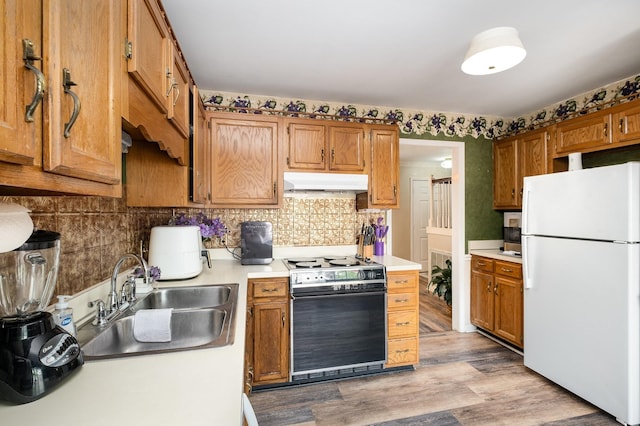 1113 Jacksons Valley Rd, Hermitage, TN 37076 - kitchen with freestanding refrigerator, stove, under cabinet range hood, a sink, and light countertops
