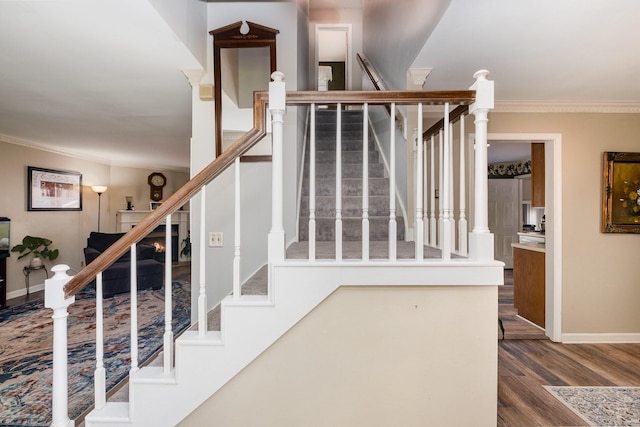 1113 Jacksons Valley Rd, Hermitage, TN 37076 - staircase featuring crown molding, wood finished floors, and baseboards