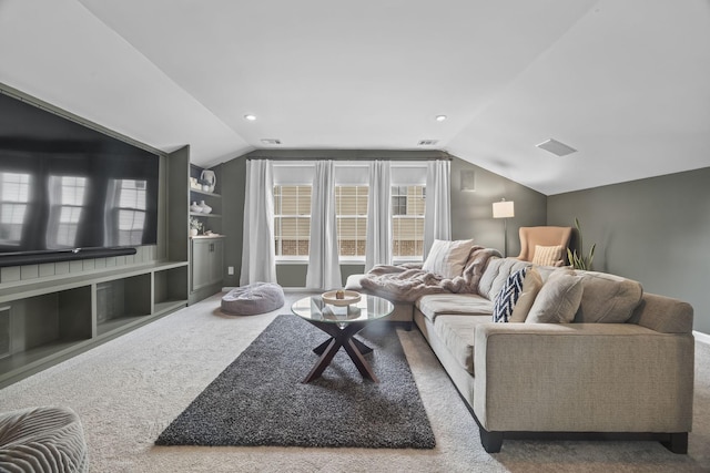 5517 Nevil Pt, Brentwood, TN 37027 - carpeted living area featuring vaulted ceiling, built in features, recessed lighting, and baseboards