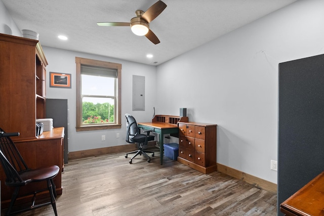 4499 Benson Rd, Springfield, TN 37172 - home office featuring electric panel, wood finished floors, baseboards, a ceiling fan, and recessed lighting