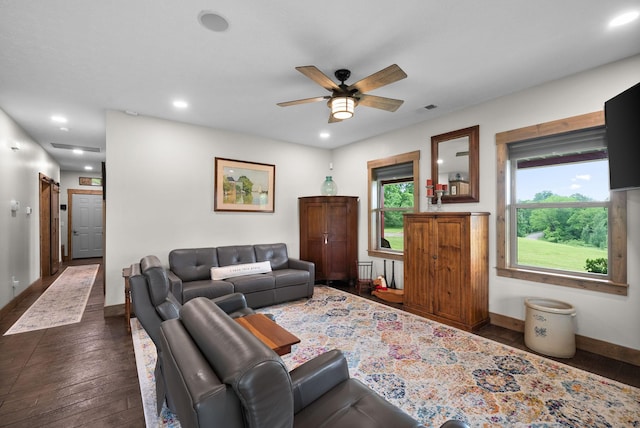 4499 Benson Rd, Springfield, TN 37172 - living room with a ceiling fan, dark wood-style floors, baseboards, and recessed lighting