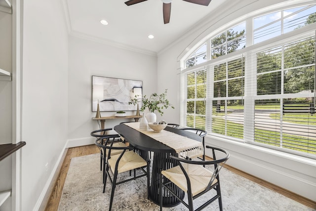2107 Kidd Rd, Nolensville, TN 37135 - dining room with light wood-type flooring, crown molding, ceiling fan, baseboards, and recessed lighting