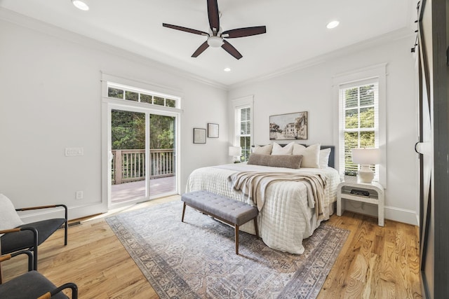 2107 Kidd Rd, Nolensville, TN 37135 - bedroom with access to exterior, crown molding, light wood-style floors, baseboards, and recessed lighting