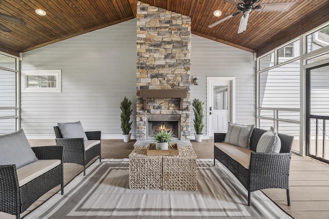 2107 Kidd Rd, Nolensville, TN 37135 - living area with wooden ceiling, a ceiling fan, wood finished floors, an outdoor stone fireplace, and high vaulted ceiling