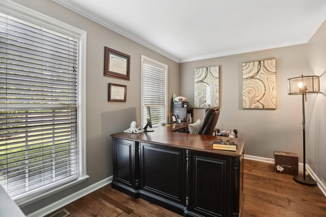 5720 Saint Charles Ct, Hermitage, TN 37076 - office with baseboards, ornamental molding, and dark wood-type flooring