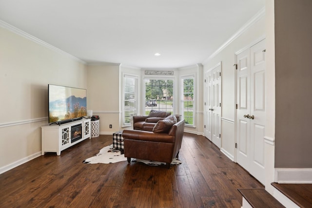5720 Saint Charles Ct, Hermitage, TN 37076 - living room featuring crown molding, dark wood-style flooring, baseboards, and recessed lighting