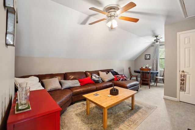 5720 Saint Charles Ct, Hermitage, TN 37076 - living room featuring a ceiling fan, light colored carpet, and lofted ceiling