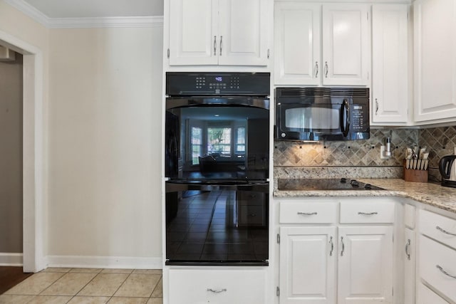 5720 Saint Charles Ct, Hermitage, TN 37076 - kitchen featuring black appliances, baseboards, crown molding, white cabinets, and tasteful backsplash