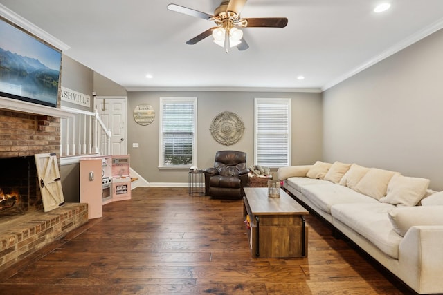 5720 Saint Charles Ct, Hermitage, TN 37076 - living room with crown molding, stairs, ceiling fan, dark wood finished floors, and recessed lighting