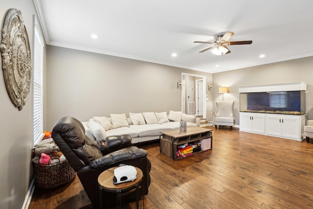 5720 Saint Charles Ct, Hermitage, TN 37076 - living area featuring ceiling fan, ornamental molding, hardwood / wood-style floors, and recessed lighting